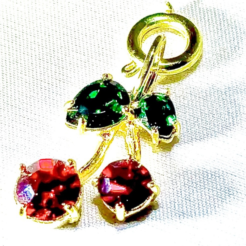 Elegant Gold Cherry Pendant with Red and Green Stones